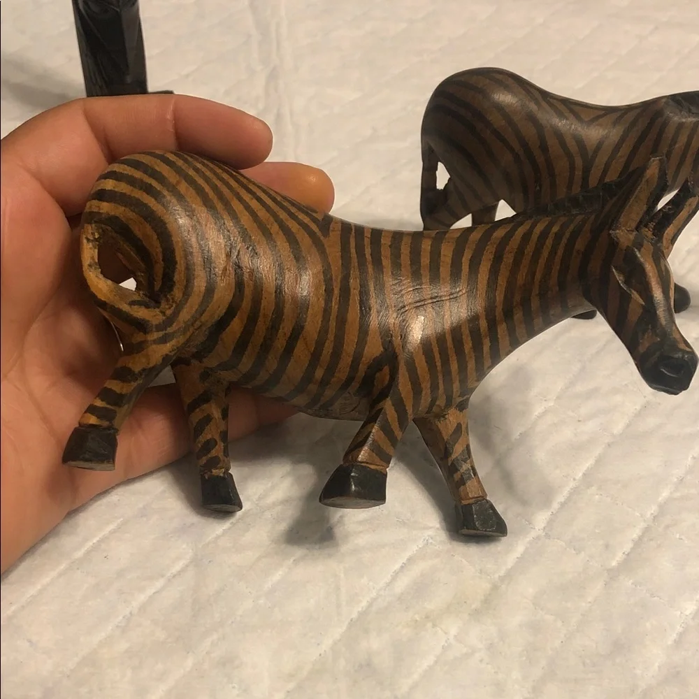 Vintage Brown and Black Striped Zebra Wood Figurines